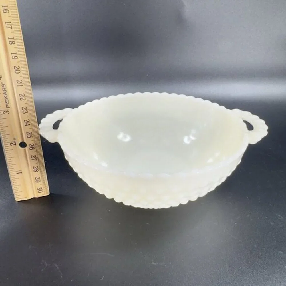 Anchor Hocking French Ivory Hobnail Bowl Dish With Handles‎ Glass Set 2 Vintage
